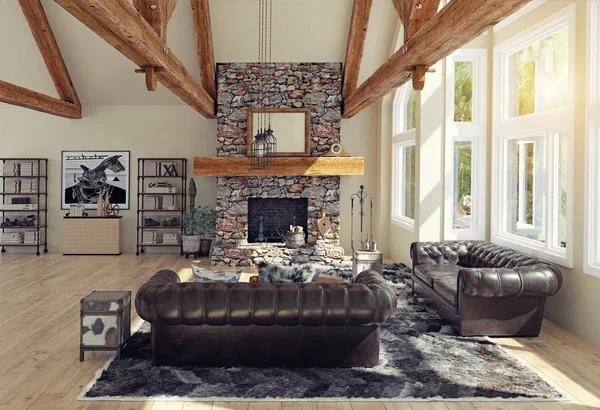 Interior Lujo Moderno Diseño Renderizado Casa Campo —  Fotos de Stock