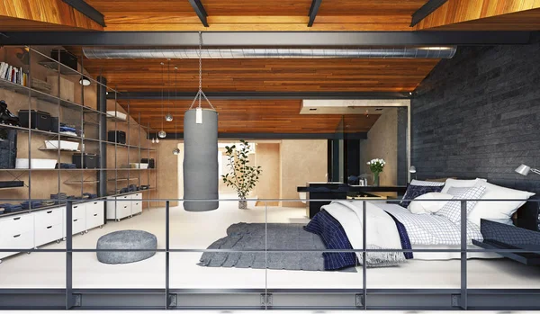 Modern Loft Bedroom Interior Rendering Design — Stock Photo, Image