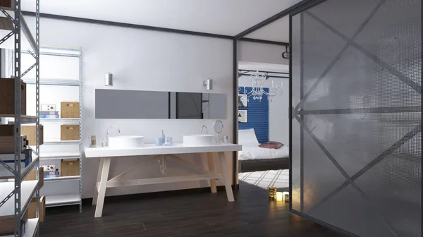 Interior Moderno Casa Banho Loft Conceito Design Renderização — Fotografia de Stock