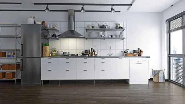 ロフトのキッチン インテリアです レンダリング デザイン — ストック写真