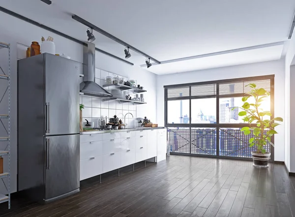 Loft Keuken Interieur Rendering Ontwerp — Stockfoto