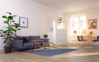 modern İskandinav oturma odası tasarımı. 3D konsept illüstrasyon