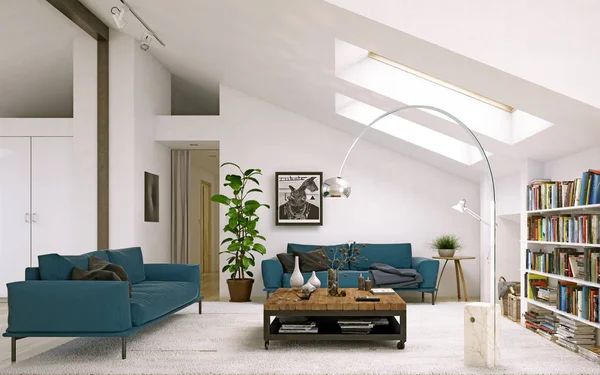 Moderna Sala Estar Diseño Interior Escandinavo Concepto Renderizado —  Fotos de Stock