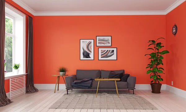 Modern Oturma Odası Mercan Tasarım Yaşam Render Kavramı — Stok fotoğraf