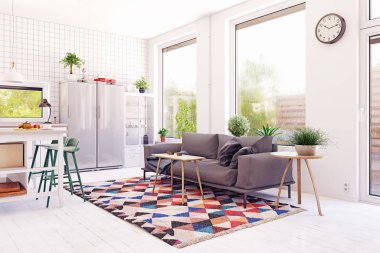 modern İskandinav oturma odası tasarımı.