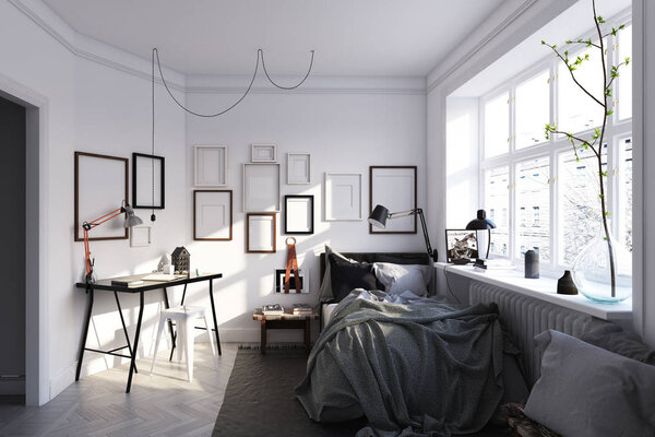 scandinavian style bedroom interior.