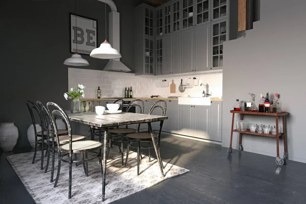Interiér moderního podkroví kuchyně. — Stock fotografie