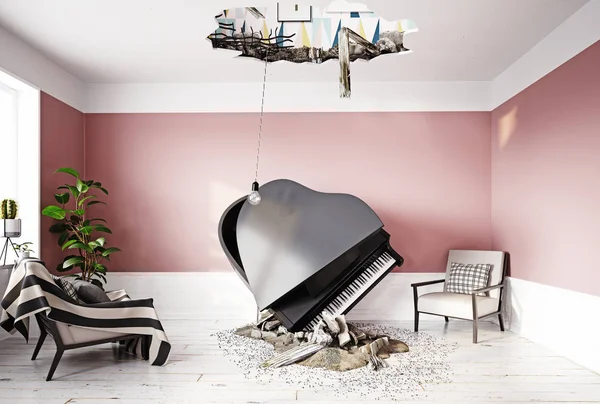 깨진 천장과 떨어지는 피아노 — 스톡 사진