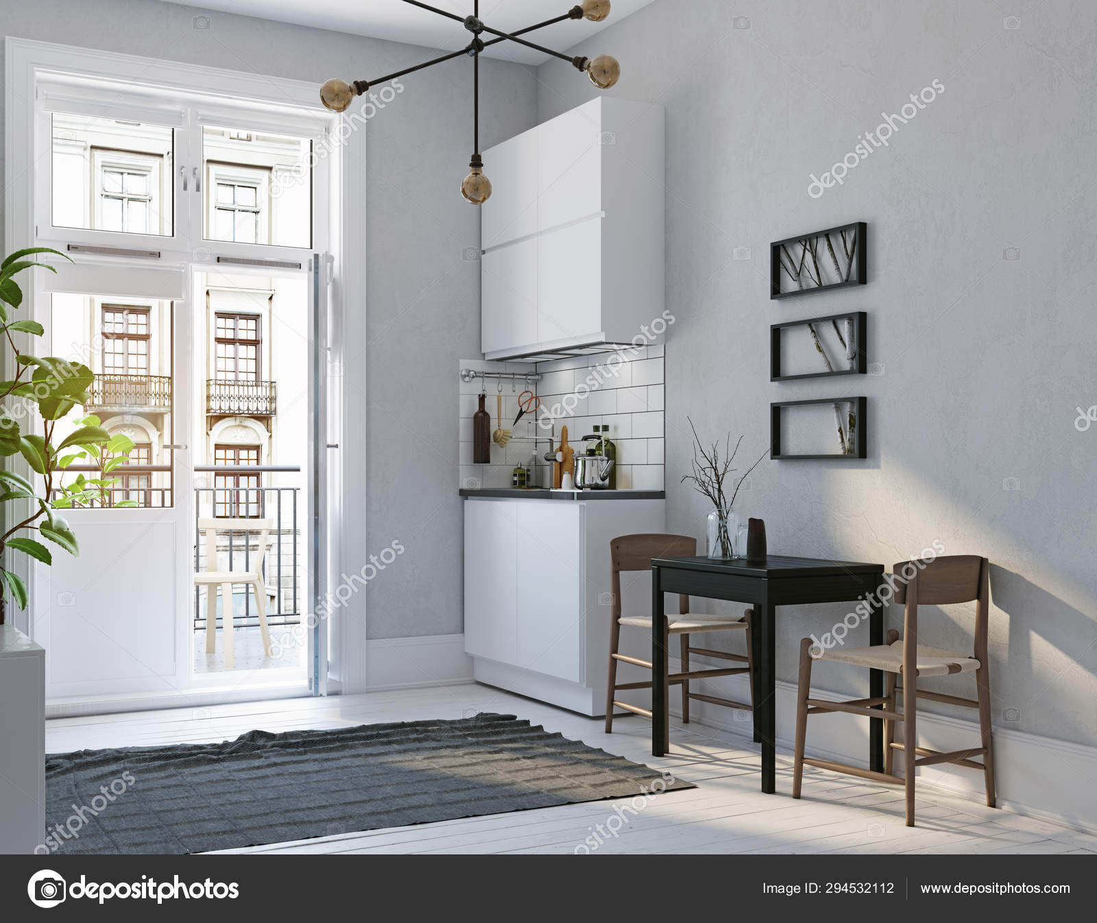 Modern Scandinavian Style Kitchen Interior Stock Photo