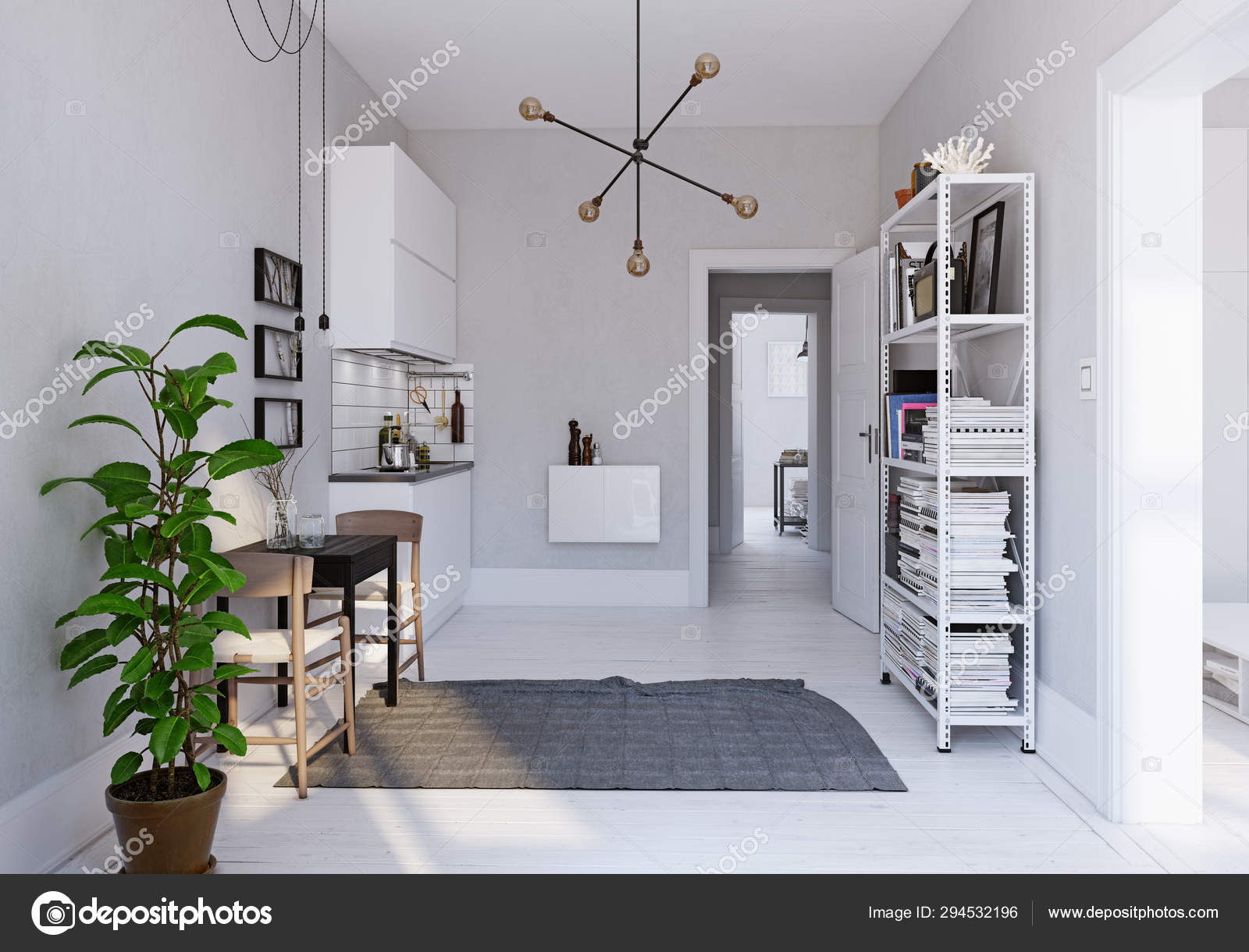 Modern Scandinavian Style Kitchen Interior Stock Photo