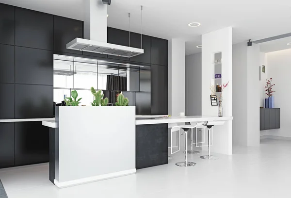 Moderne keuken zwart & wit interieur. — Stockfoto