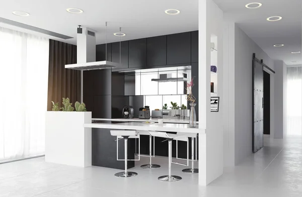 Modern kitchen black&white interior. — Stock Photo, Image