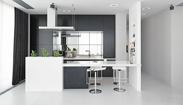 Moderne keuken zwart & wit interieur. — Stockfoto