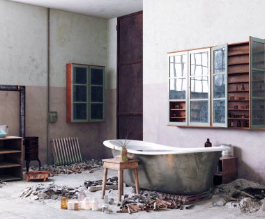 Grunge tarzı banyo içi. 3d yorumlama kavramı