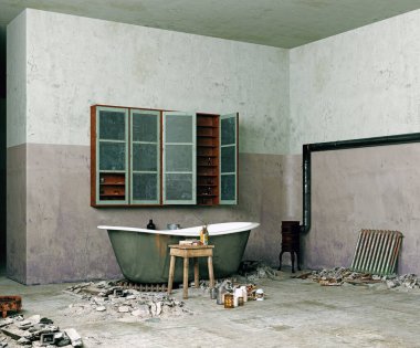 Grunge tarzı banyo içi. 3d yorumlama kavramı