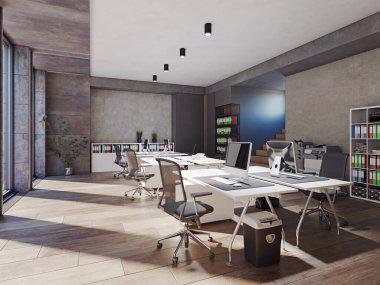 Çağdaş ofis içi. 3d tasarım kavramı