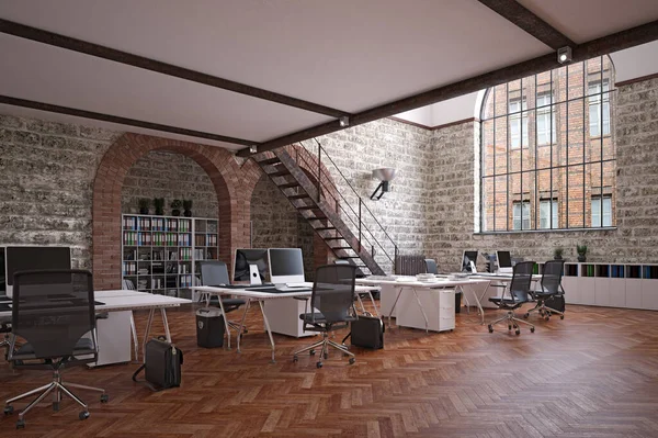现代阁楼办公室内部 3D渲染设计概念 — 图库照片
