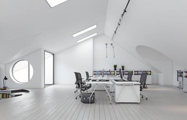 Modern tavan arası ofis içi. 3d tasarım kavramı