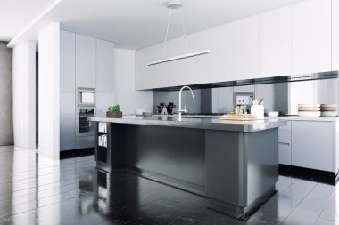 Pürüzsüz aletleri olan temiz, beyaz, modern bir mutfak..