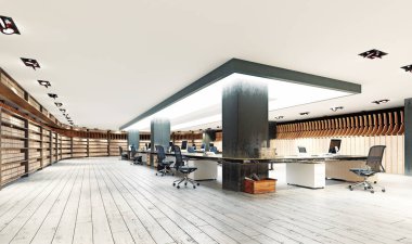 Açığa çıkmış elementleri ve modern mobilyaları olan modern endüstriyel ofis 3D.