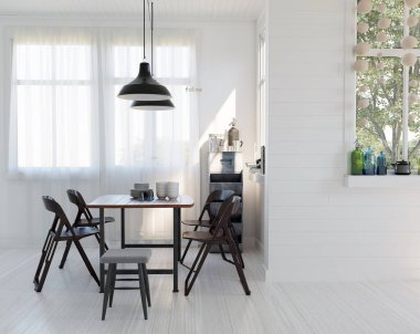 Modern mobilyaları olan İskandinav tarzı yemek odası. Parlak beyaz iç döşeme, gemi duvarları ve doğal ışık. 3B görüntüleme.