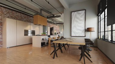 Dolap gereçleri olan mutfak, ada mutfağı kaputu. Kırmızı tuğla gri duvarlar. Yemek: masa sandalyeleri. Pencereler, tavan lambaları. Sanat eserleri. Şehir. 3B görüntüleme.