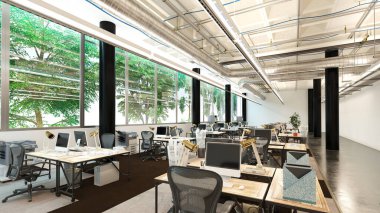 Ofis: Boru lambalı tavan. Masa sandalyeleri bilgisayar lambaları. Ayrıntılı planlar. Pencere ışıkları. Halı betonu. Dinlenme odası. 3B görüntüleme.