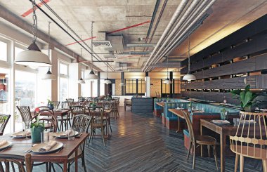 Modern endüstriyel çatı katı tarzı bir restoranın içinde. Boş yemek odası, ahşap mobilyalar ve masalar. Ticari bir konukseverlik alanının fotorealistik 3 boyutlu canlandırması.
