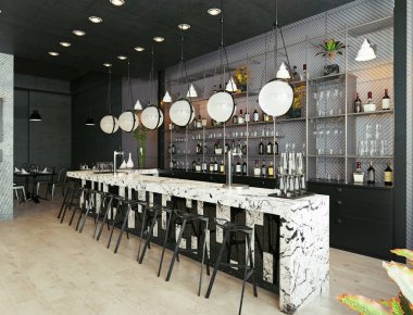 Modern barın içinde beyaz mermer tezgah ve tabureler var. Lüks restoran ve bar tasarımı konsepti. Mimari görselleştirme ve 3B canlandırma.