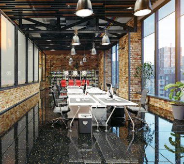 Modern endüstriyel ofis içinde açık bir çalışma alanı var. Masaları ve bilgisayarları olan boş çağdaş iş ortamı. 3B görüntüleme.