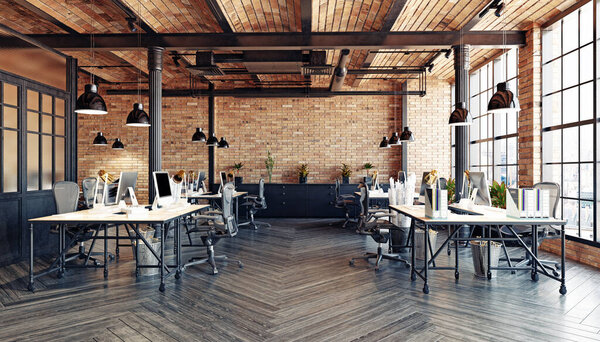 Современный промышленный офисный лофт. Пустое рабочее место открытой планировки с кирпичными стенами и деревянными полами. 3D рендеринг современного коворкинга.