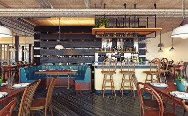 Endüstriyel tasarımlı modern restoran ve bar içi. Ahşap mobilyaları ve korunmasız tavanı olan boş yemek odası. Çağdaş bir bar veya kafenin 3B canlandırması.