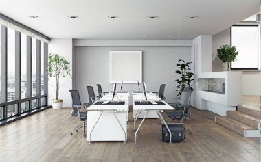 Boş masaları ve bilgisayarları olan modern ofis içi. Şehir manzaralı, parlak bir şirket işyeri. Bir çalışma alanının 3B görüntülemesi.