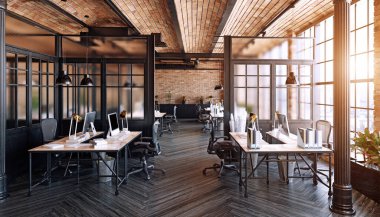 Modern endüstriyel ofis içi. Tuğla duvarları ve modern mobilyaları olan boş bir çalışma alanı. Bir işyerinin 3B canlandırması.