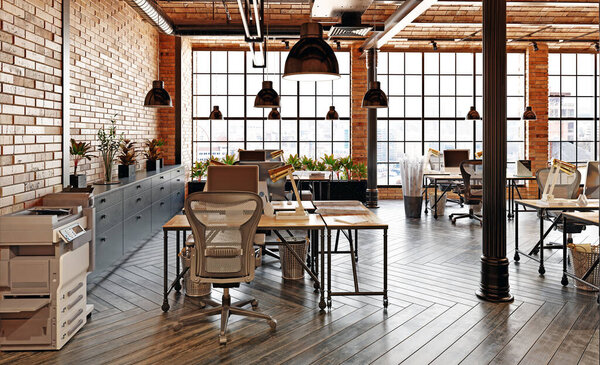 3D рендеринг современного промышленного интерьера лофта офиса. Пустое рабочее место с кирпичными стенами и деревянными столами. Современный дизайн рабочего места.