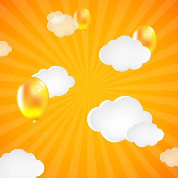 Gelber Sonnenstrahl Hintergrund Mit Wolken Und Luftballons Mit Gradientennetz Vektorillustration — Stockvektor