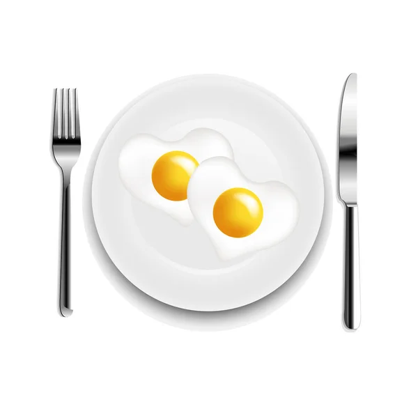 Πιάτο Τηγανητό Αυγό Καρδιά Πιρούνι Και Μαχαίρι Λευκό Φόντο Gradient — Διανυσματικό Αρχείο