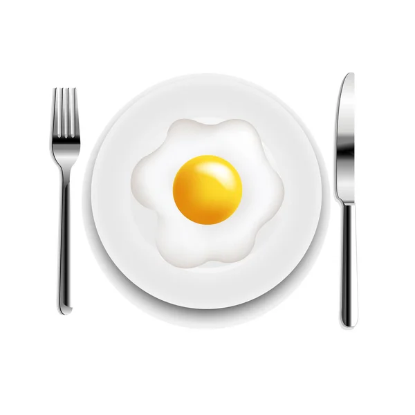 Placa Con Huevos Fritos Tenedor Cuchillo Fondo Blanco Con Malla — Vector de stock