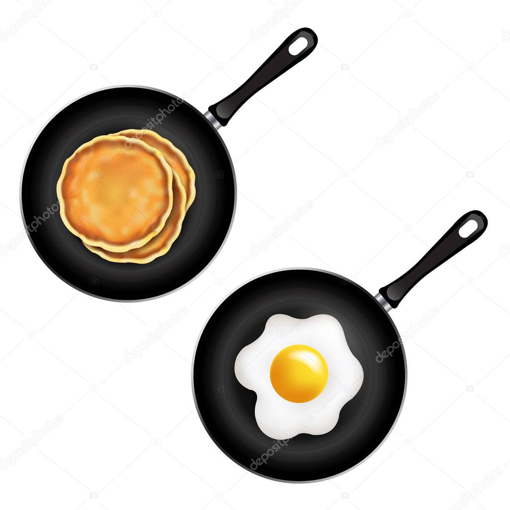 Pan With Pancake And Fried Eggs Isolated White Background With Gradient Mesh, Vector Illustratio