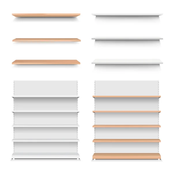 Leeres Holzregalset Mit Isoliertem Weißem Hintergrund Mit Gradientennetz Vektorillustration — Stockvektor