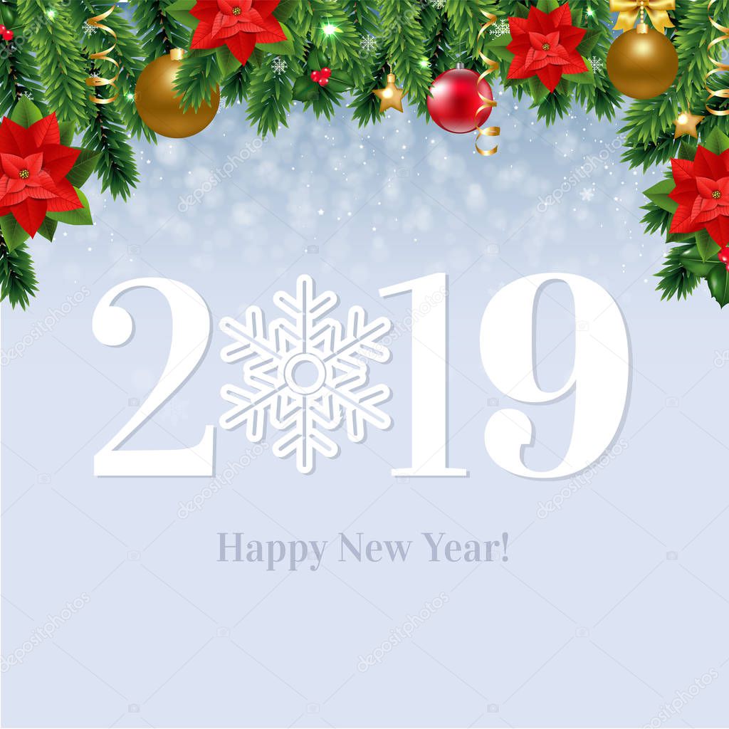 2019 Happy New Year Card With Gradient Mesh, Vector Illustration