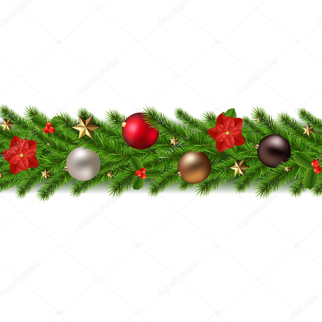 Christmas Garland Isolated White Background With Gradient Mesh, Vector Illustration