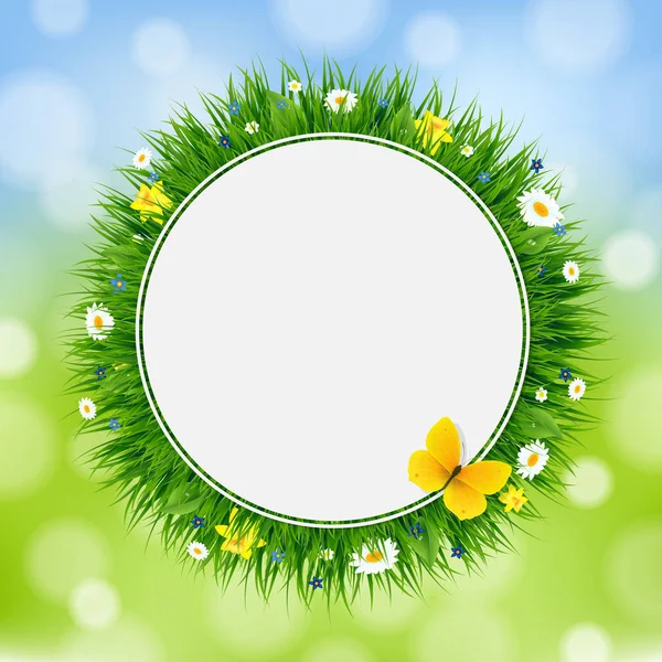 Pasen Kaart Met Gras Bloemen Met Gradiënt Mesh Vector Illustratie — Stockvector