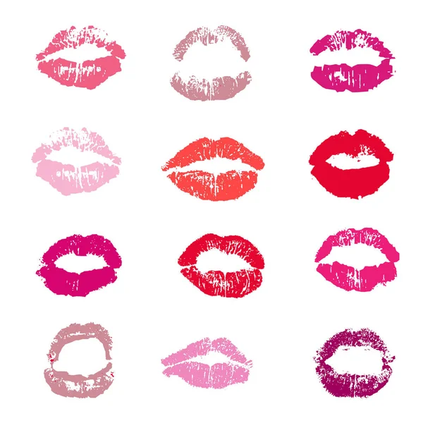Feminino Red Lips Lipstick Kiss Print Set Fundo Branco Ilustração — Vetor de Stock