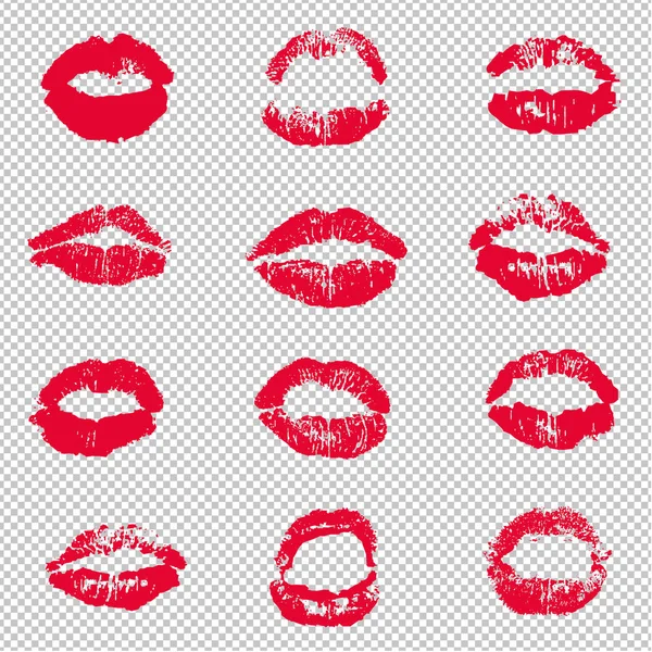 Red Female Lips Lipstick Kiss Print Set Fondo Transparente Vector — Vector de stock