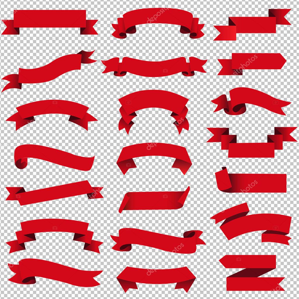 Retro Red Web Ribbon Set Transparent Background, Vector Illustration