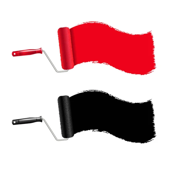 グラデーションメッシュ付き赤と黒のペイントローラーとペイントストローク透明な背景 ベクトルイラスト — ストックベクタ