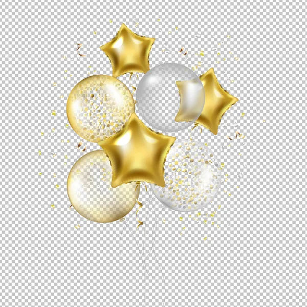 Balões Estrela Dourada Aniversário Confetti Com Malha Gradiente Ilustração Vetor —  Vetores de Stock