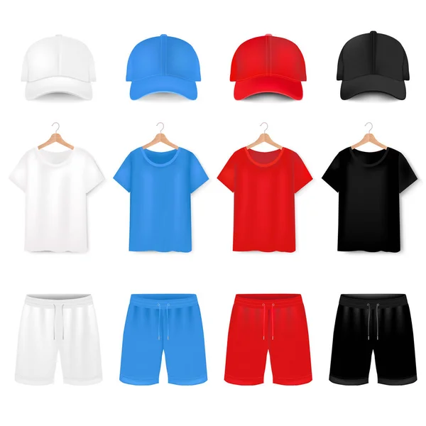 Tシャツと野球帽のフロントビューとグラデーションメッシュで白の背景に短く ベクトルイラスト ベクトル — ストックベクタ