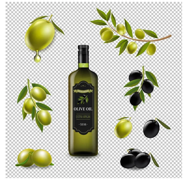 Big Set Con Olive Ramo Con Olio Vergine Oliva Bottiglia — Vettoriale Stock